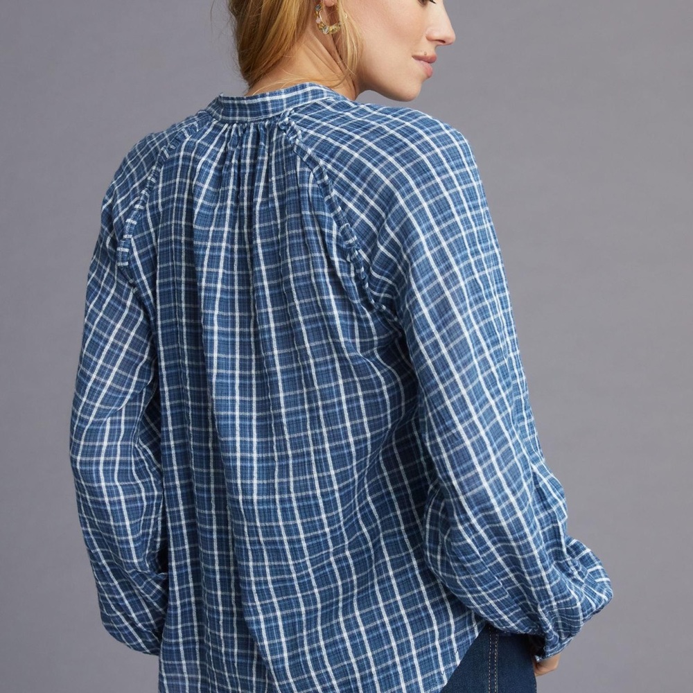 Anthropologie Pilcro Plaid Blouse 1X XL 2X Blue Button-down Shirt Dress - Picture 4 of 7